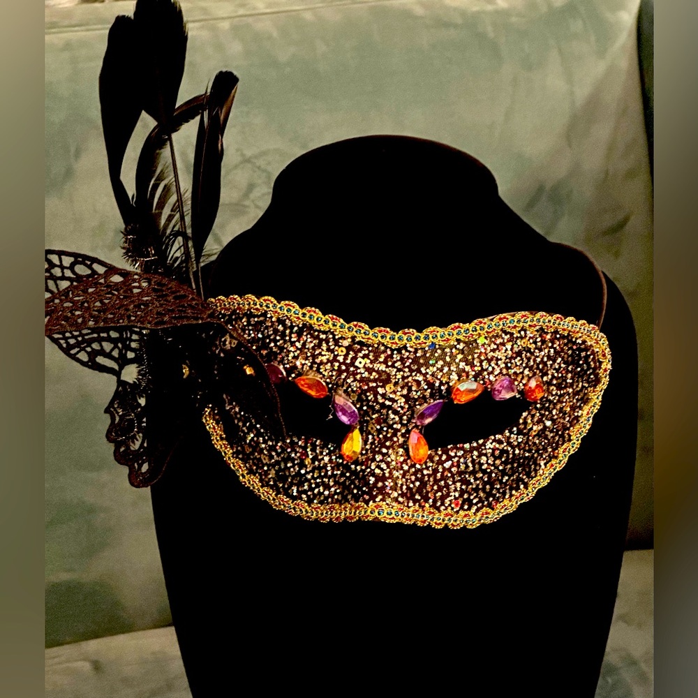 Venetian Black and Rhinestone Masquerade mask with silk ties. For party or decor
